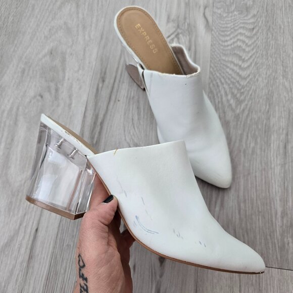 Express | pointed toe white vegan leather clear block kitten heel mules | WMS 8 - Picture 1 of 10